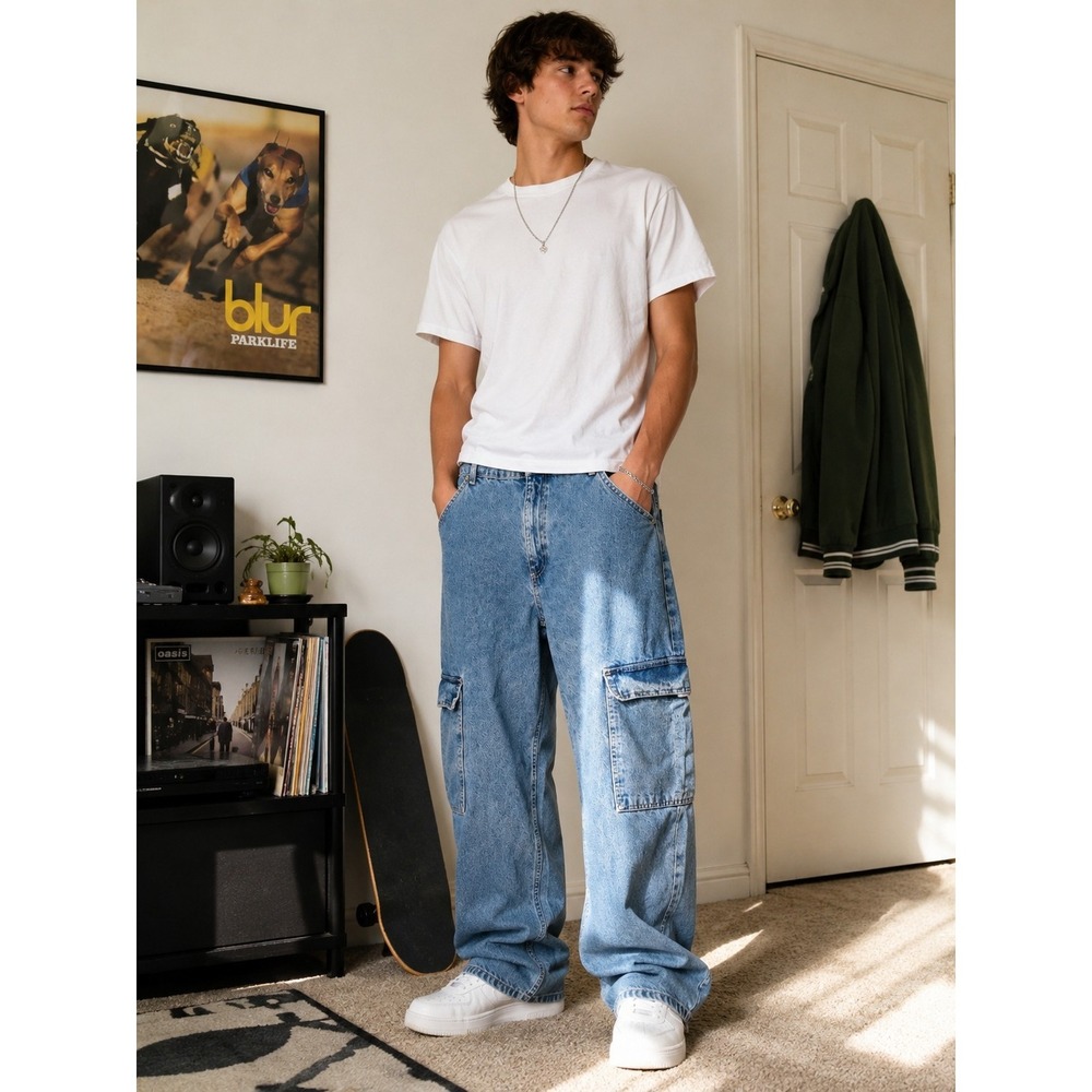 ASOS DESIGN Men's Tall Cargo Jeans 28x36 Blue Baggy Y2K Skater Utility Denim